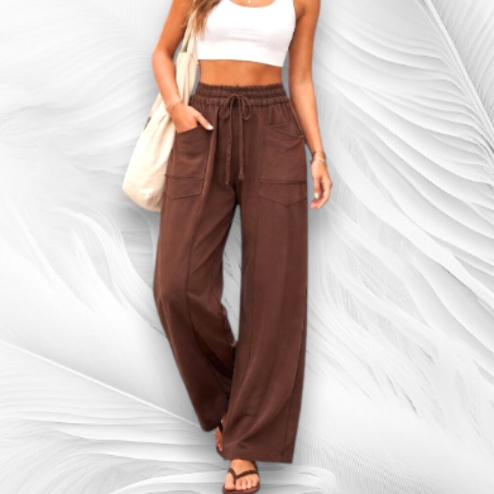 Women’s Brown Lounge Pants Wide Leg Elastic Waist Drawstring Comfy Size L